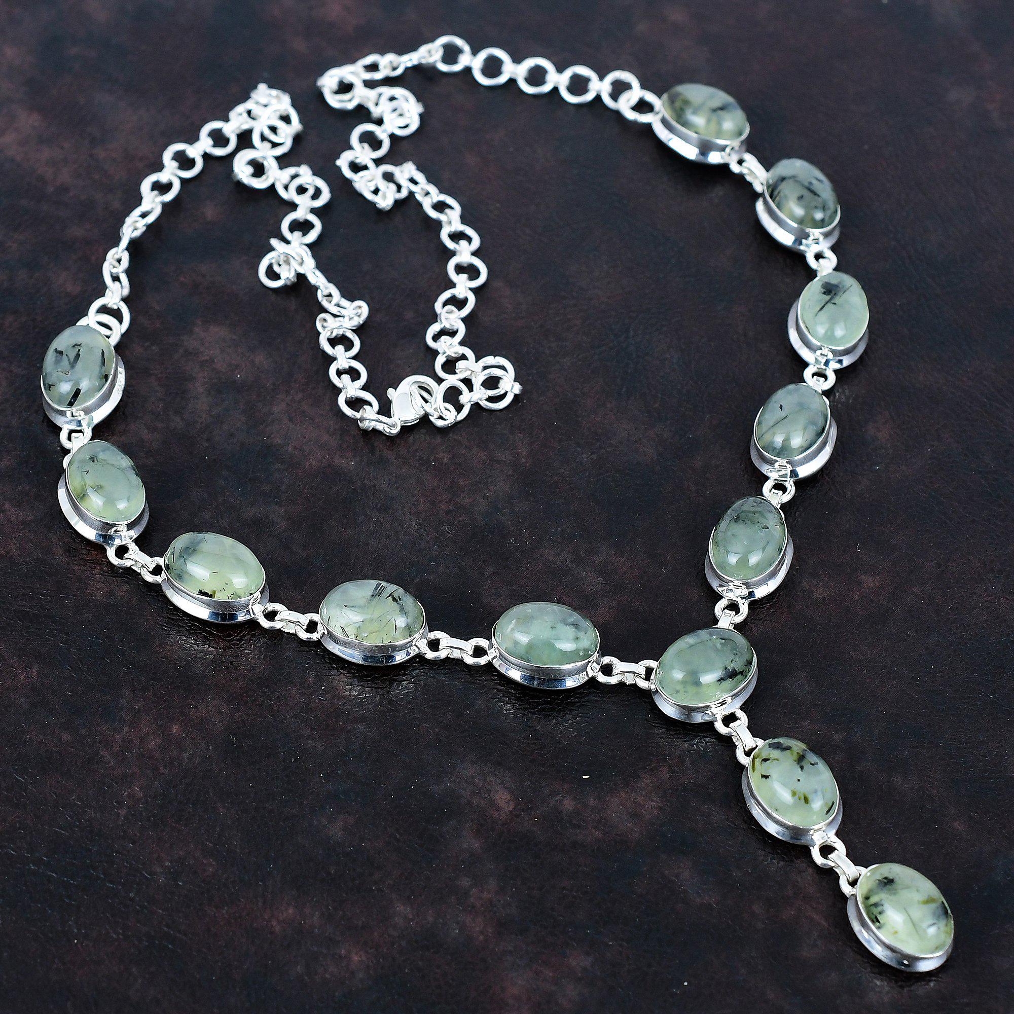 Handmade Moss Prehnite Sterling Silver Necklace: Oval Gemstone, Adjustable Chain