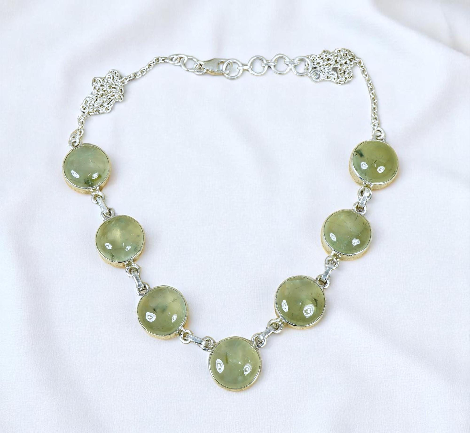 Handmade Prehnite Sterling Silver Necklace: Green Gemstone Cabochon