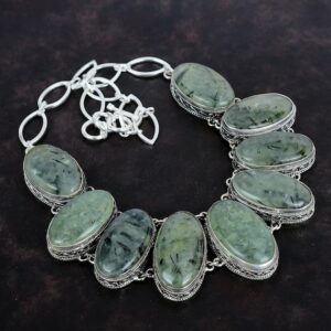 Moss Prehnite 925 Sterling Silver Necklace - Vintage Handmade Gemstone Jewelry