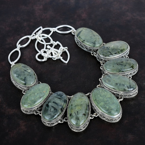 Moss Prehnite 925 Sterling Silver Necklace - Vintage Gemstone Jewelry