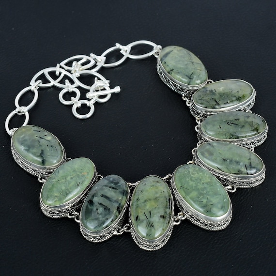Moss Prehnite Gemstone Necklace: Handmade 925 Sterling Silver Boho Jewelry