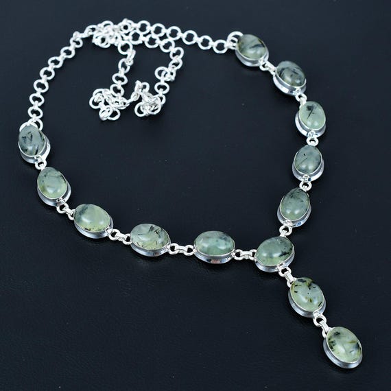 Moss Prehnite Necklace: Handmade 925 Sterling Silver, Adjustable Chain