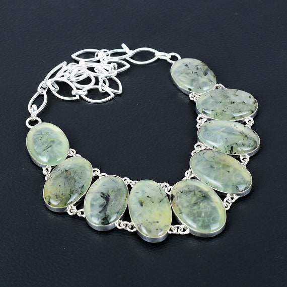 Moss Prehnite Sterling Silver Necklace: Dainty Gemstone, Adjustable Chain
