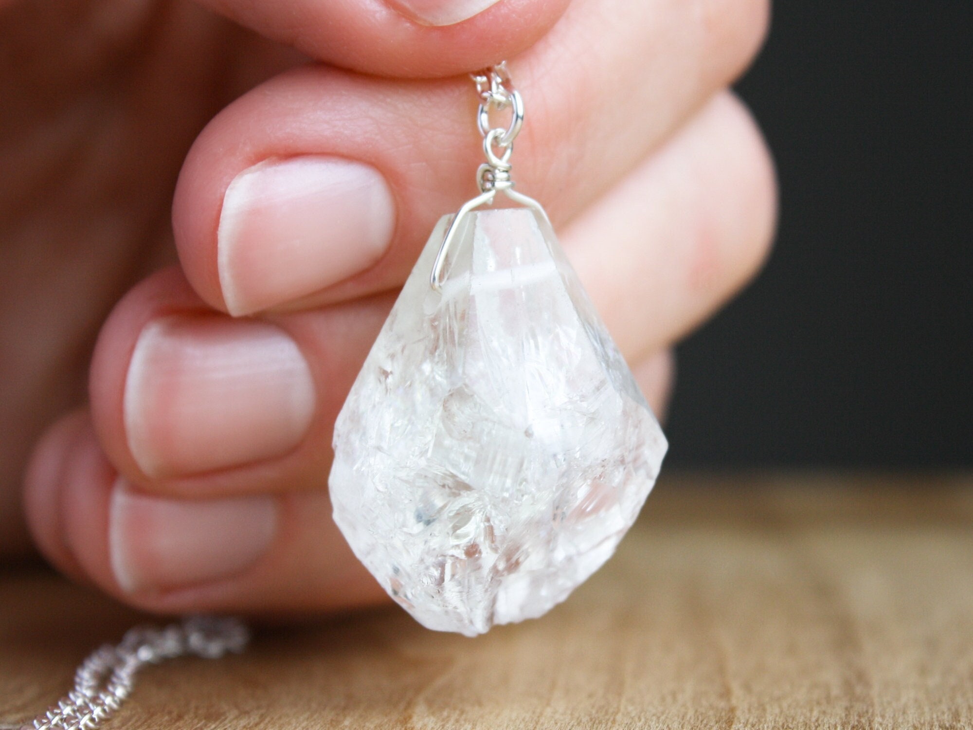 Raw Prehnite Crystal Necklace: Large Gemstone, Sterling Silver