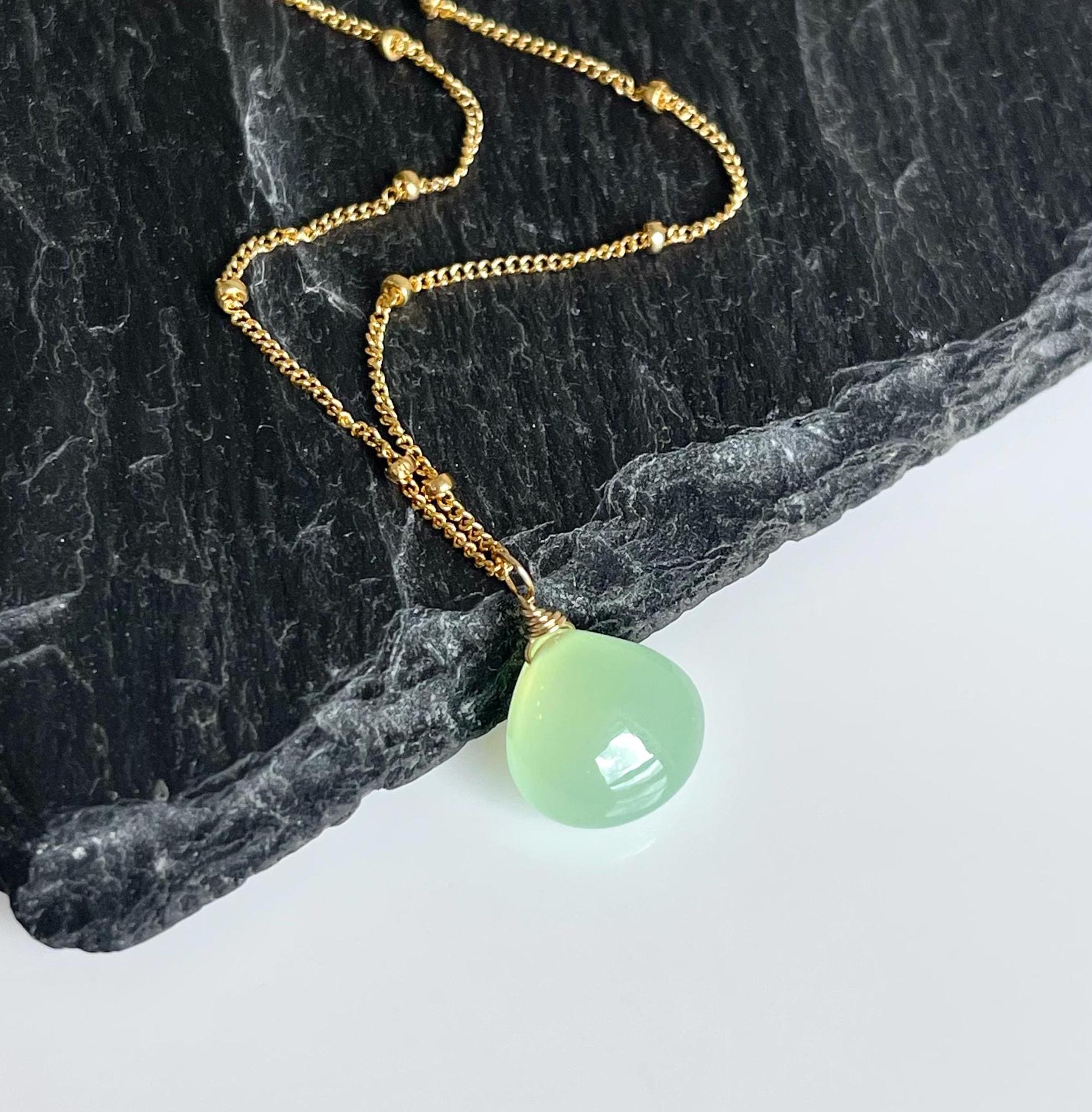 Prehnite Teardrop Necklace, November Birthstone, Mint Green Drop Layering Necklace Gold Or Silver, Satellite Necklace Boho Summer Mom Gift