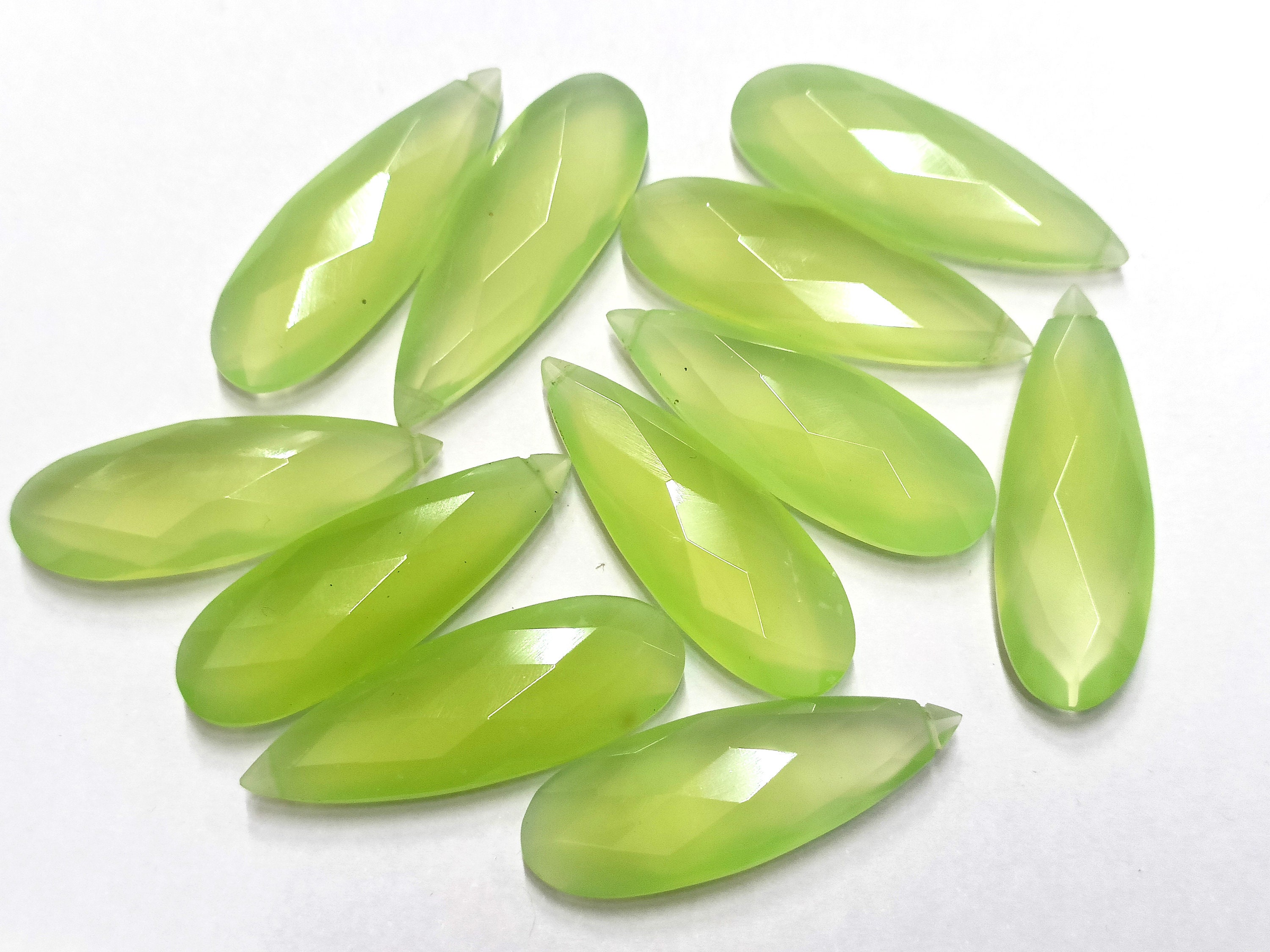 2 Matched Pair, Prehnite Chalcedony Faceted Pear Shape Briolettes, Size 12x35mm