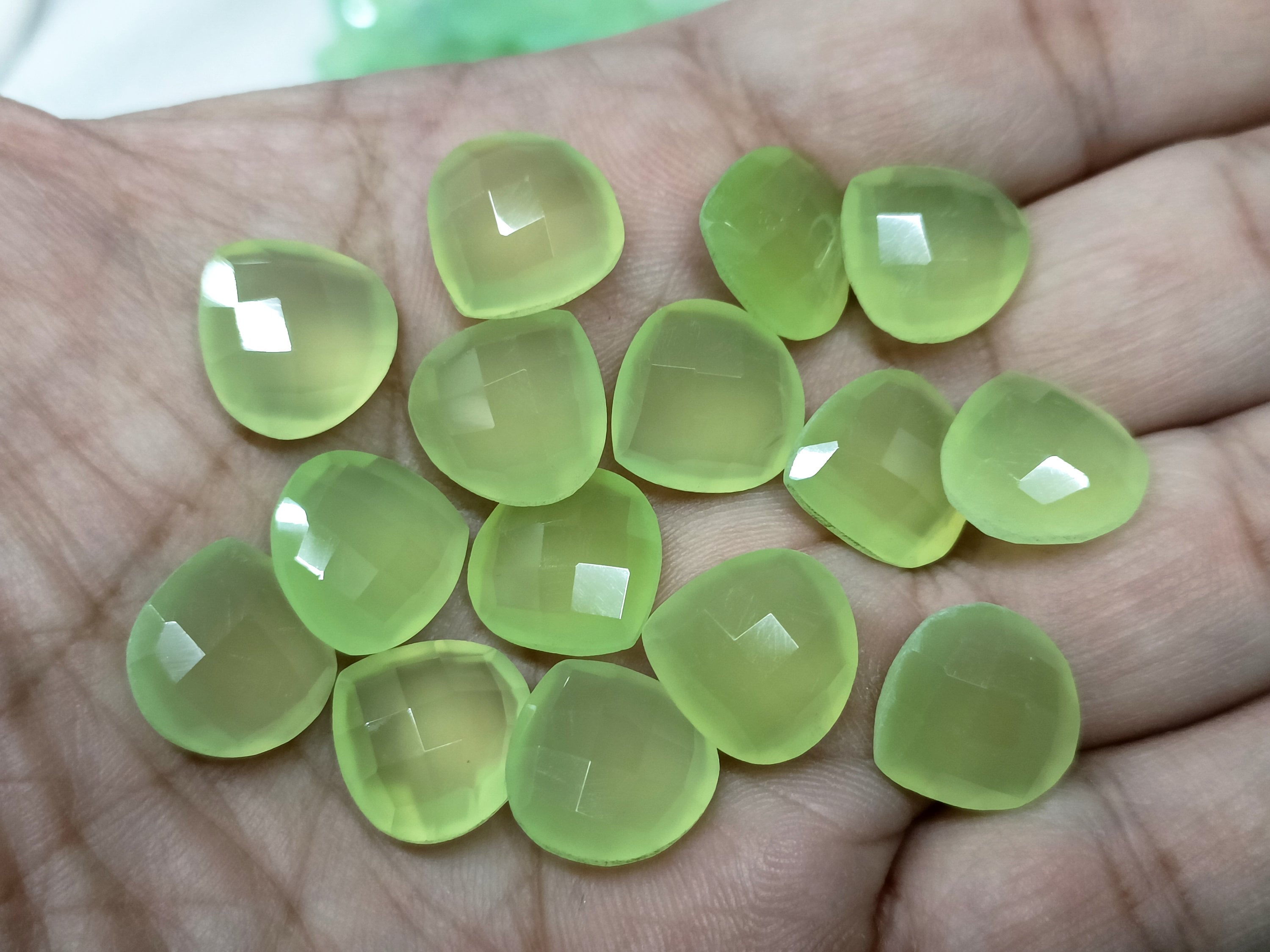 3 Matched Pair, Prehnite Chalcedony Faceted Heart Shape Briolettes,size 14mm