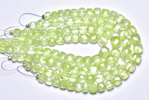Prehnite Cube Beads - 7 Inches - Natural Prehnite Faceted Cube,box Briolettes Strand - Size Is 6-7mm #381