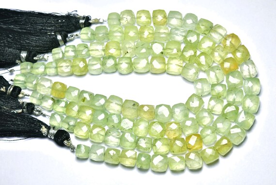 Prehnite Cube Beads - 7 Inches - Natural Beautiful Faceted Prehnite Cube Box Briolettes Strand - Size Is 7.5 - 10 Mm #726
