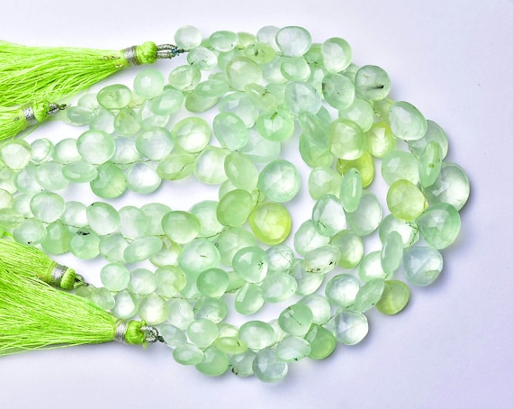 Prehnite Heart Briolette Beads - 6.5 Inches - Beautiful Faceted High Quality Prehnite Heart Beads Briolette - Size Is 8- 11mm #2250