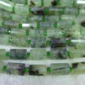 Prehnite Tube Beads - Faceted Gemstone Beads - Green And Black Cylinder Beads - 10x14mm Semi Precious Beads - Prehnite Crystal-15inch