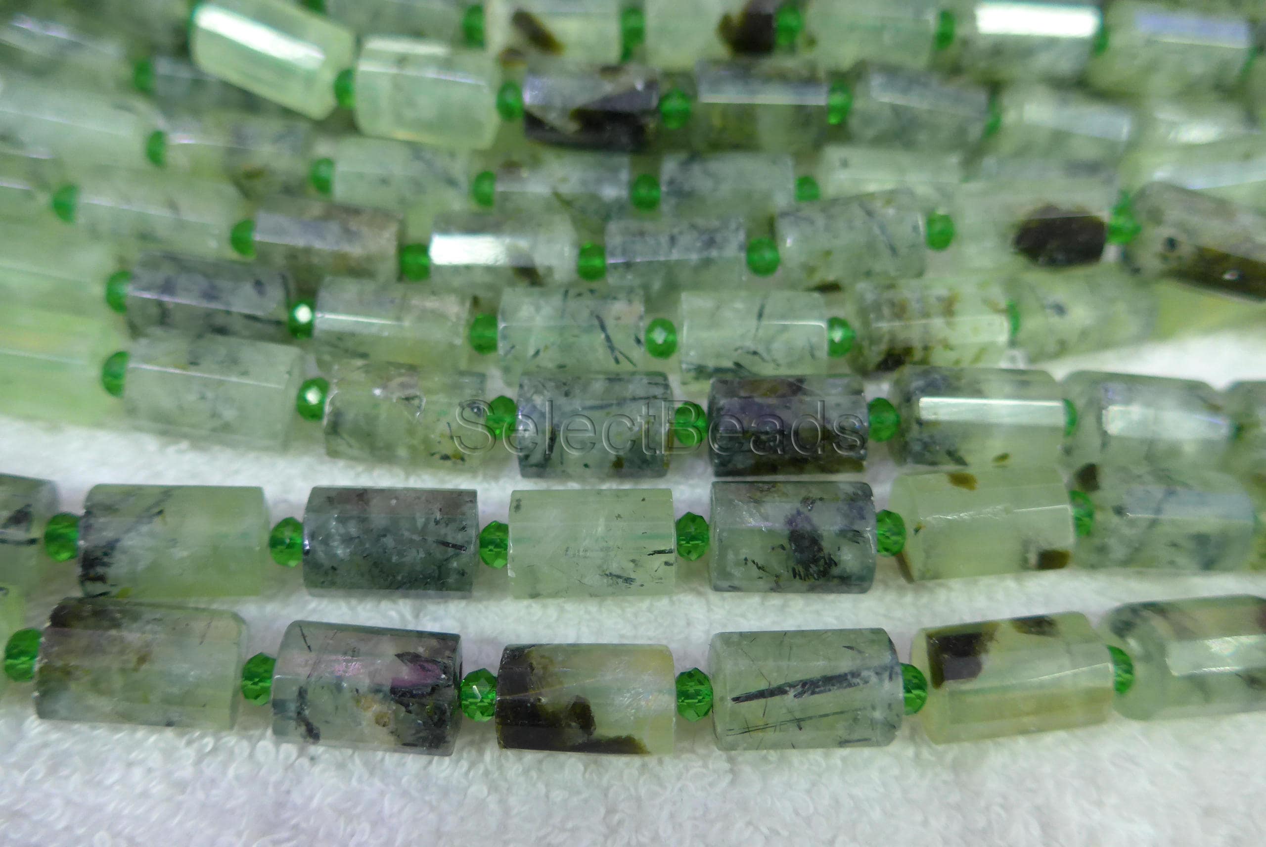 Prehnite Tube Beads - Faceted Gemstone Beads - Green And Black Cylinder Beads - 10x14mm Semi Precious Beads - Prehnite Crystal-15inch