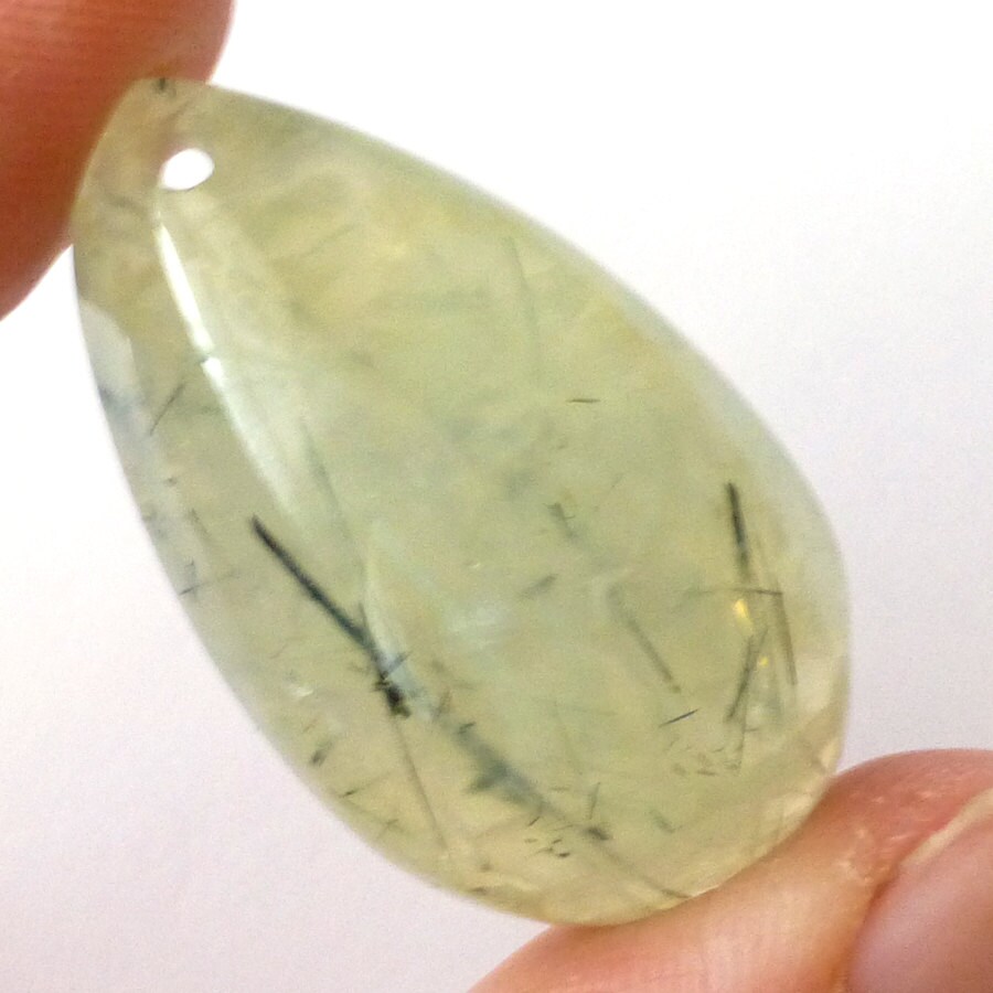 70.46 Carats Prehinite Focal Bead Natural Australian Prehnite Light Green Mint Tourmilinated Black Strands Drop Pear Pendant Translucent