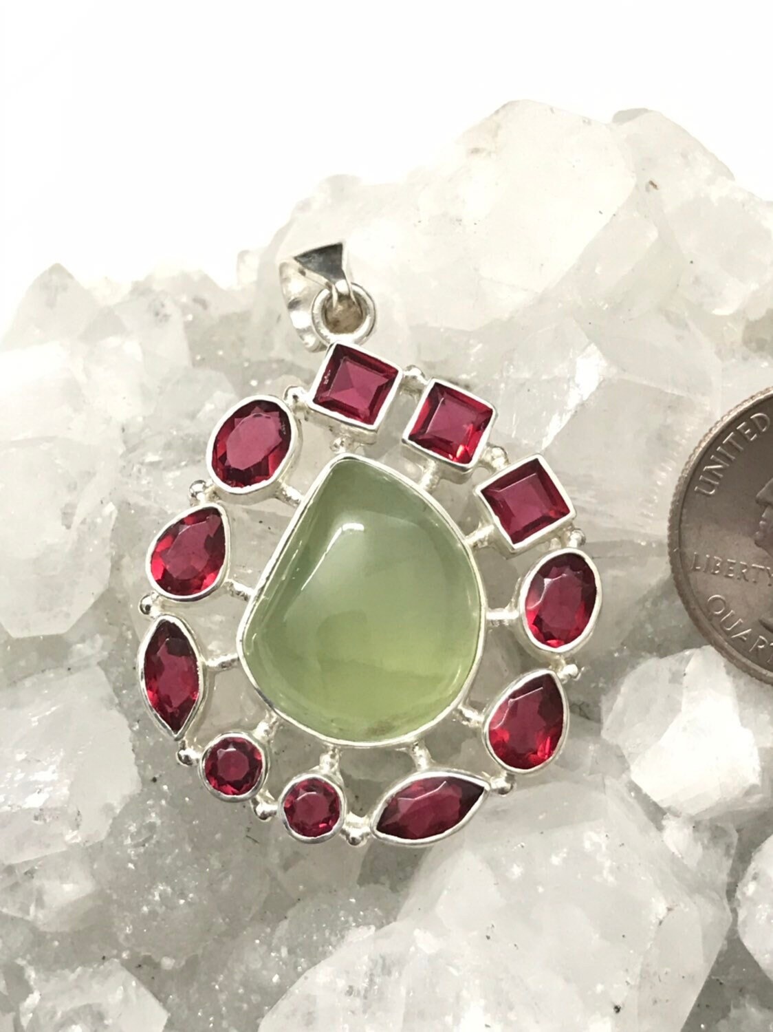 Beautiful Prehnite And Pink Crystal Pendant