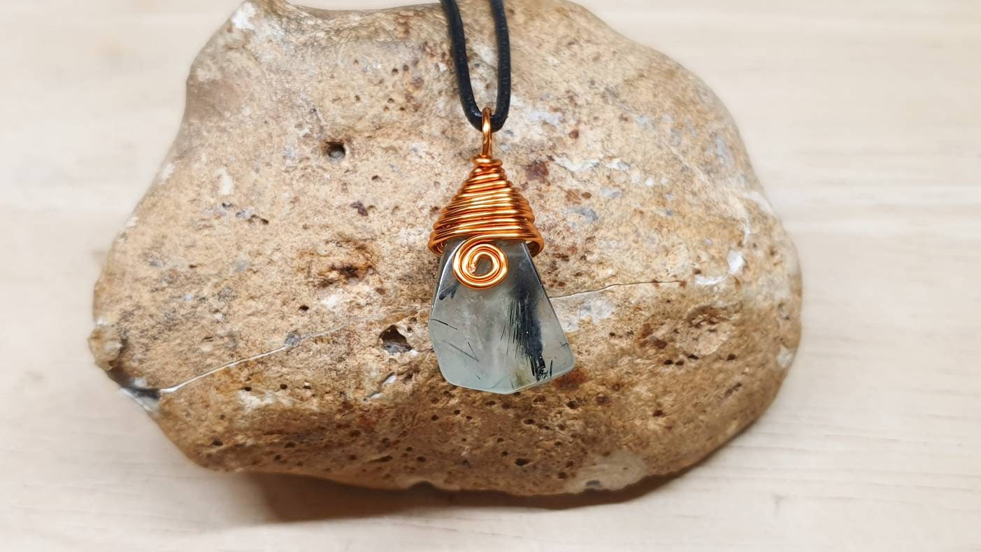 Copper Prehnite Pendant. Archangel Raphael Stone. Libra Necklace. Reiki Jewelry Uk. Green Wire Wrapped Pendant