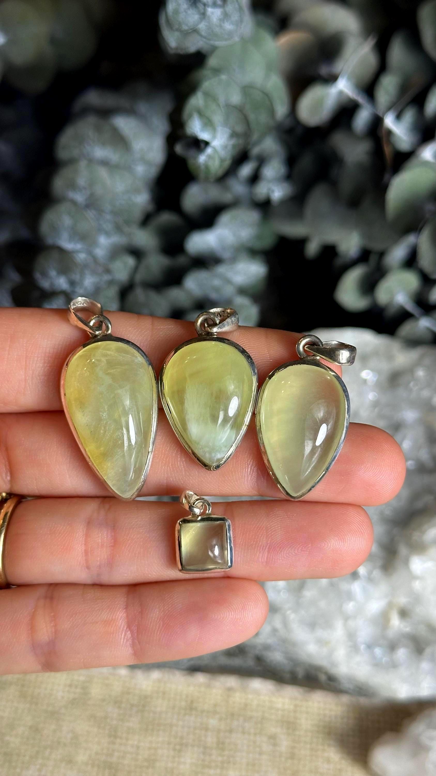 Golden Prehnite Pendant Necklace, .925 Sterling Silver, Inverted Teardrop
