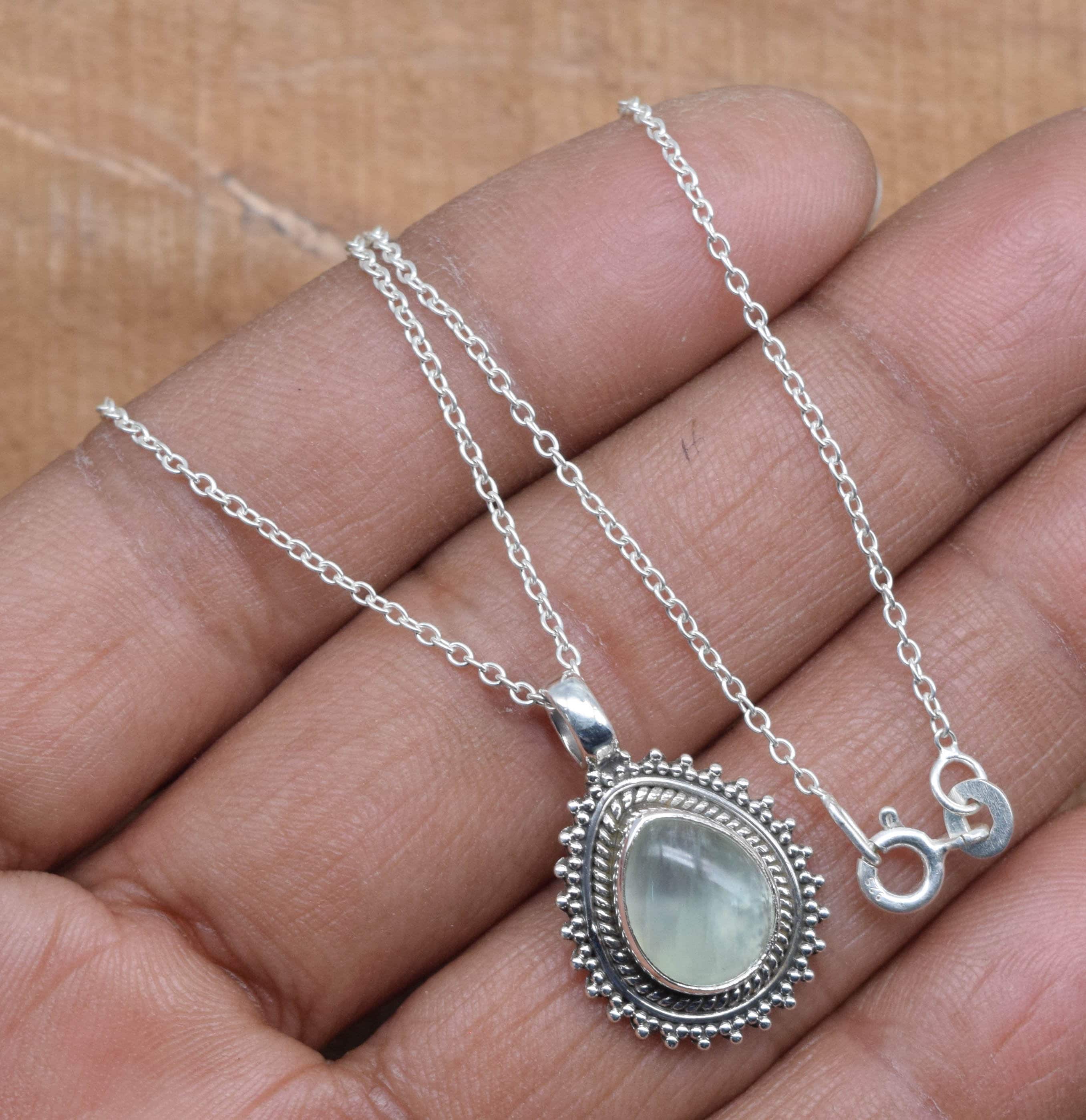 Green Prehnite 925 Sterling Silver Pendant: Handmade Designer Jewelry