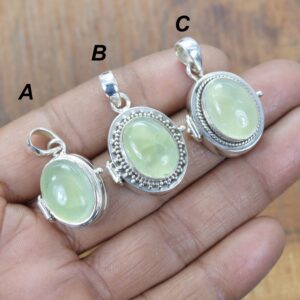 Green Prehnite Sterling Silver Poison Box Pendant, Handmade Message Box