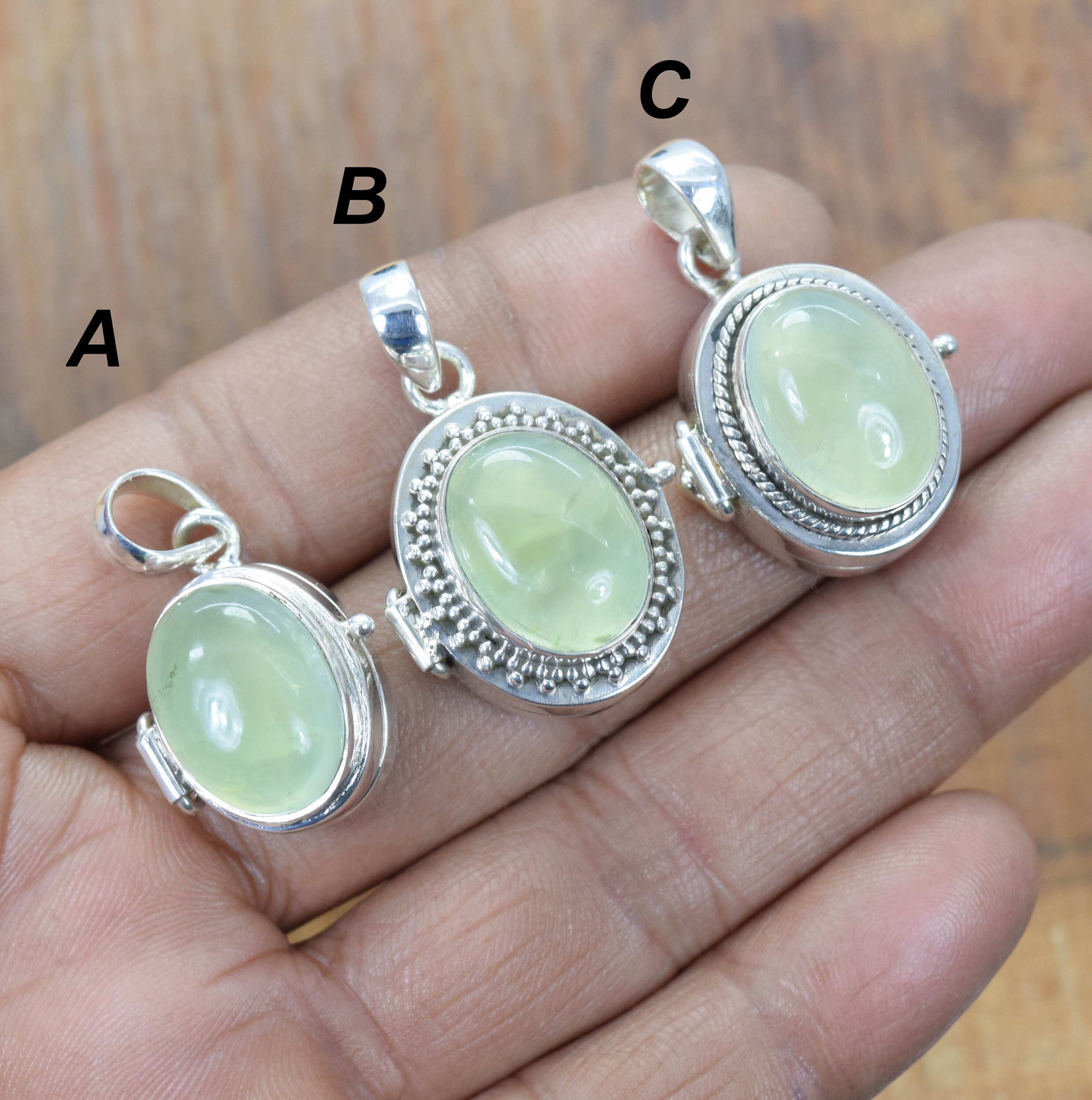 Green Prehnite Sterling Silver Poison Box Pendant, Handmade Message Box
