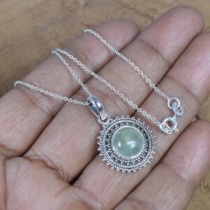 Green Prehnite Sterling Silver Pendant Necklace, Flower Design