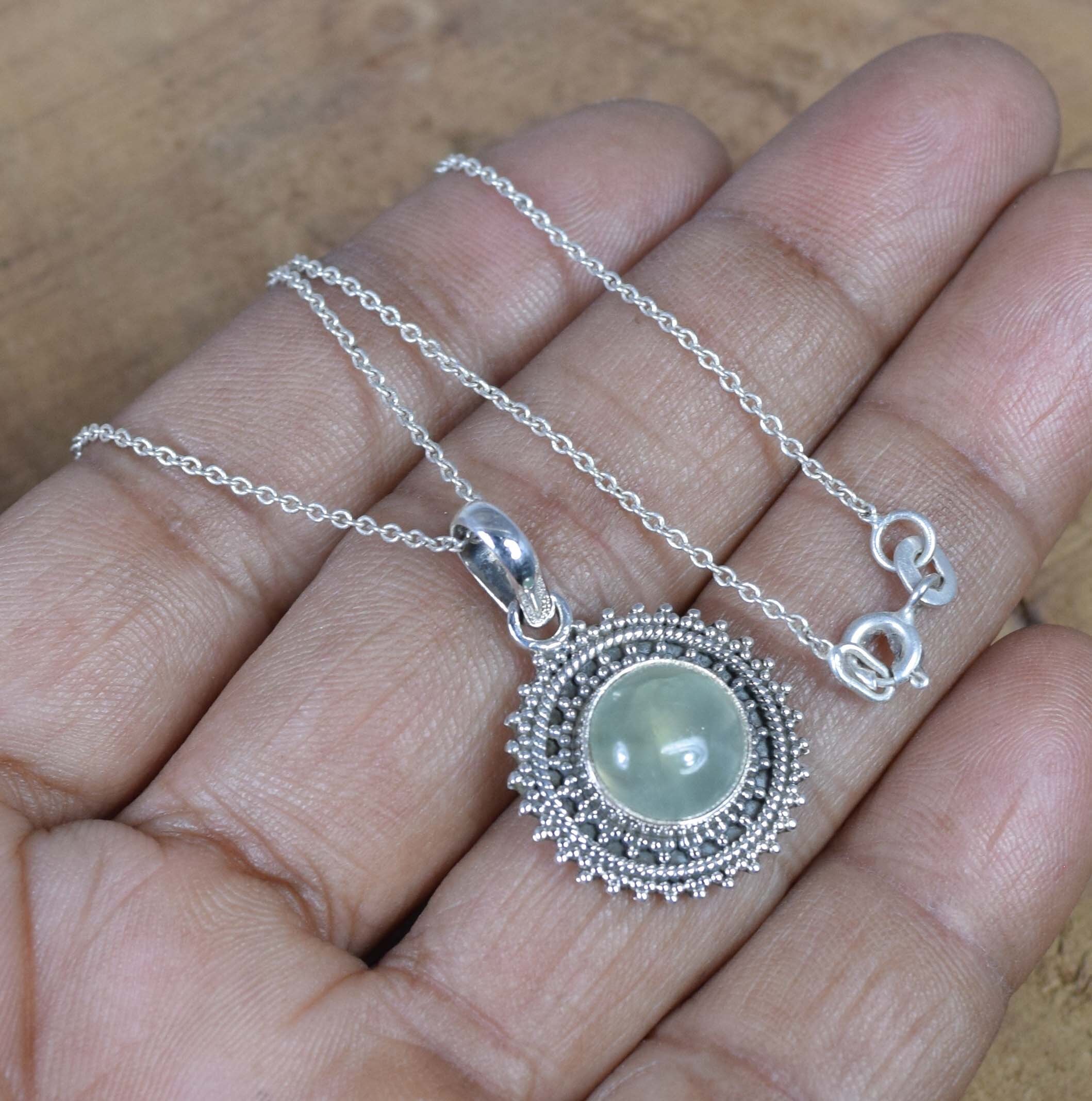 Green Prehnite Sterling Silver Pendant Necklace, Flower Design