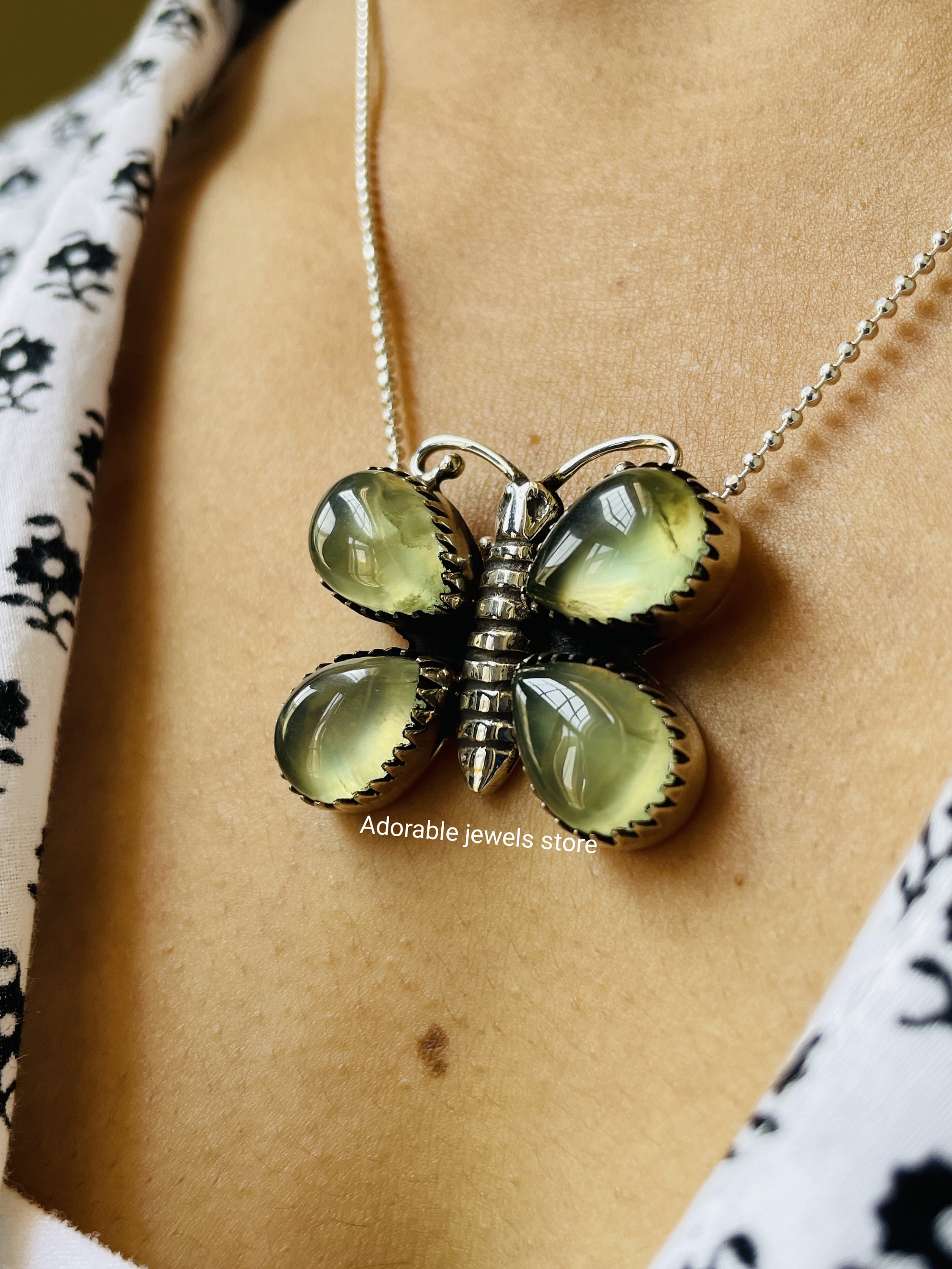 Handcrafted Prehnite Butterfly Pendant: 925 Sterling Silver