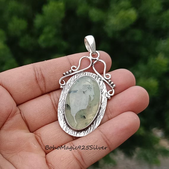 Handmade Prehnite Pendant: 925 Sterling Silver Necklace