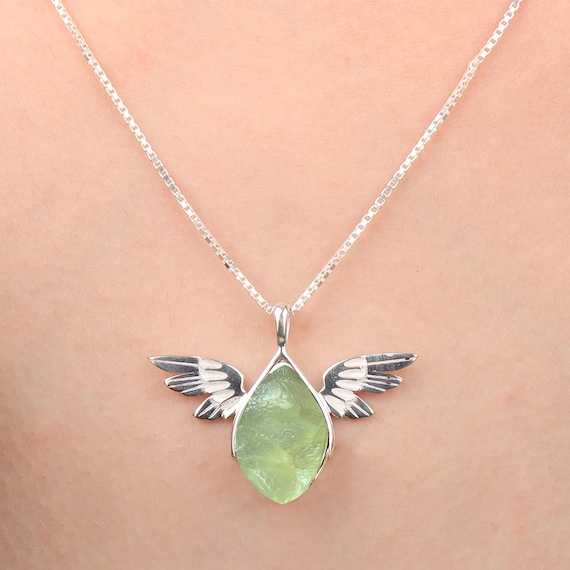 Handmade Prehnite Angel Pendant: 925 Sterling Silver Healing Necklace