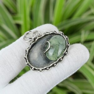 Handmade Moss Prehnite 925 Sterling Silver Pendant (44x40mm)