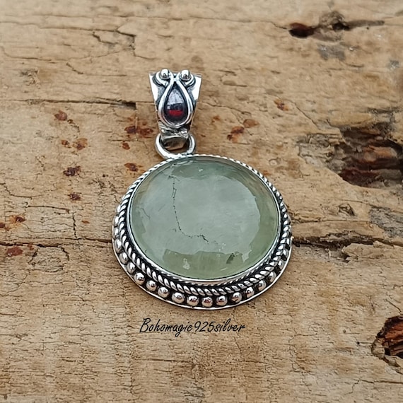Handmade Prehnite Pendant Necklace: Sterling Silver Boho Jewelry