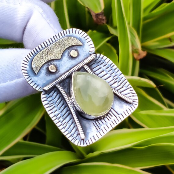 Handmade Pear Prehnite Pendant: 925 Sterling Silver, 18k Gold Plated