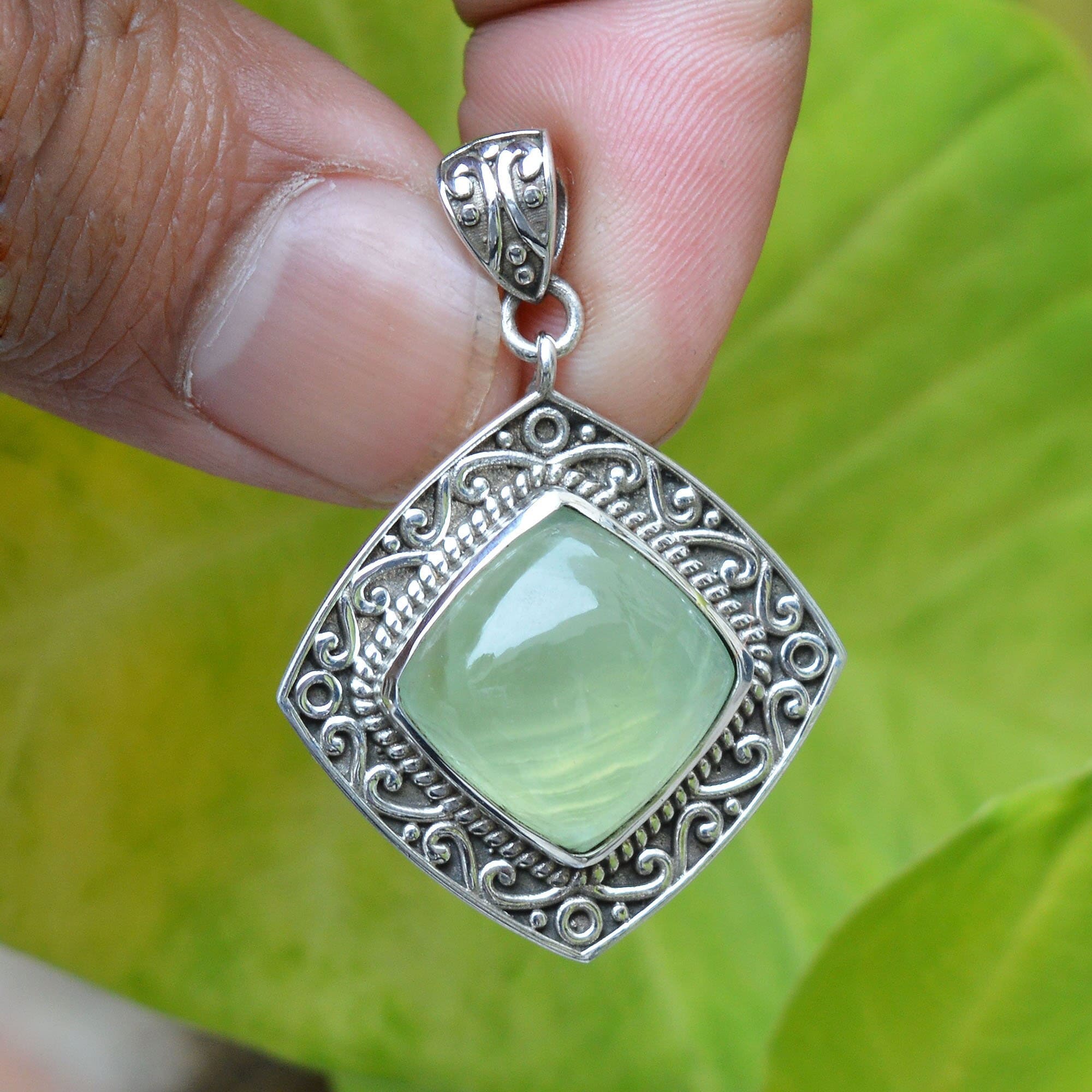 Handmade Square Prehnite Pendant: 925 Sterling Silver Necklace