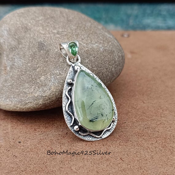 Handmade Prehnite Teardrop Pendant: 925 Sterling Silver Necklace