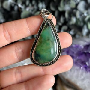 Large Boho Style Prehnite Pendant Necklace, .925 Sterling Silver