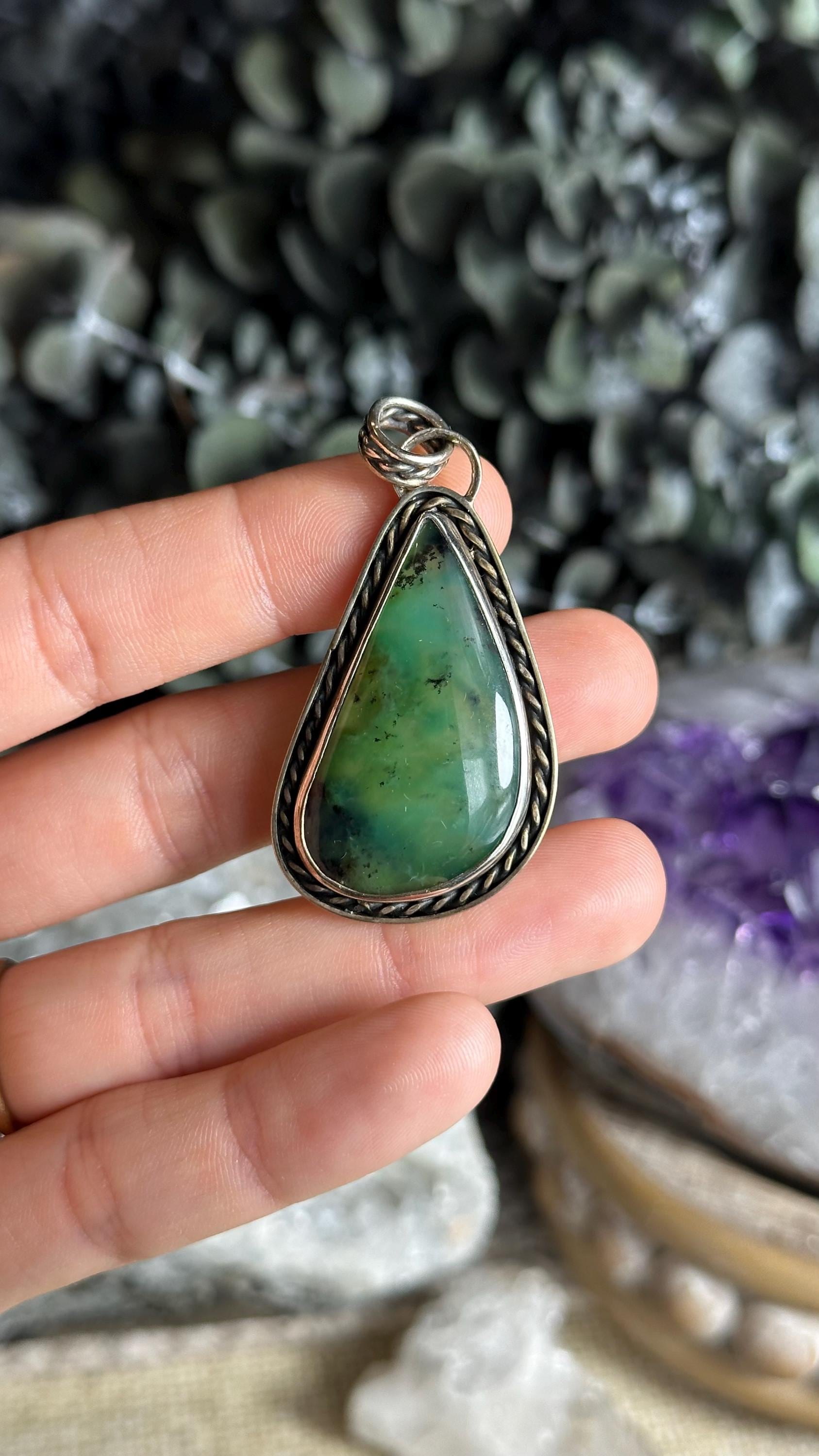 Large Boho Style Prehnite Pendant Necklace, .925 Sterling Silver