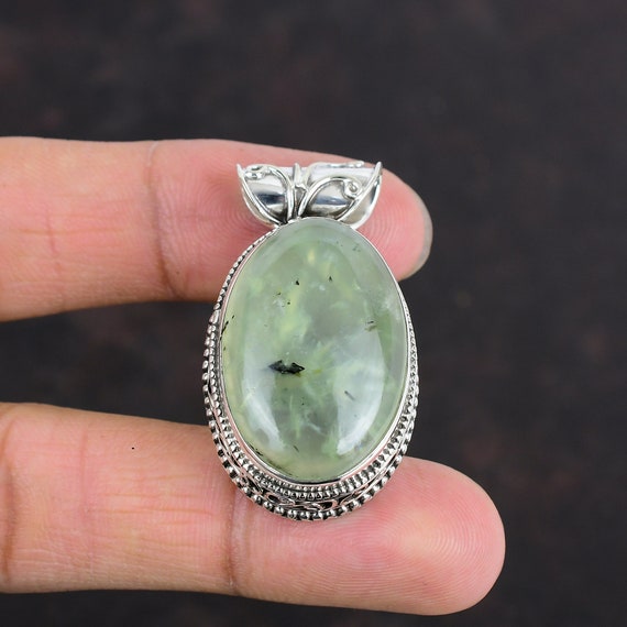 Moss Prehnite 925 Sterling Silver Pendant, Handmade Antique Jewelry