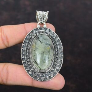 Moss Prehnite 925 Sterling Silver Pendant - Handmade Vintage Gemstone