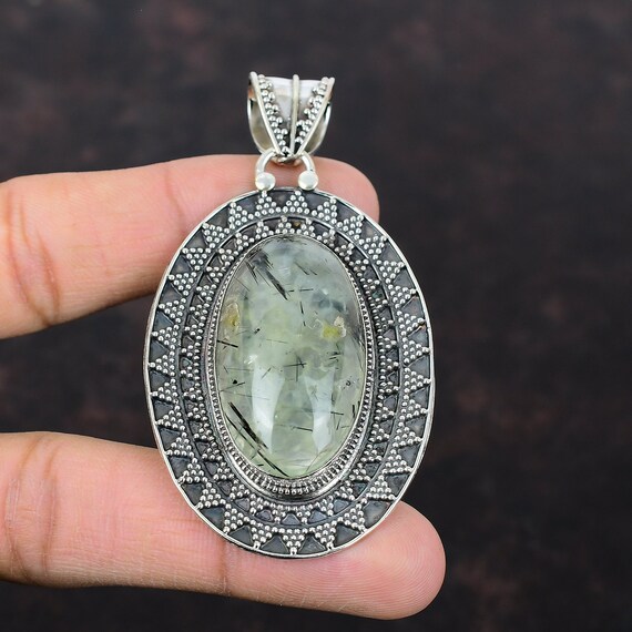 Moss Prehnite 925 Sterling Silver Pendant - Handmade Vintage Gemstone