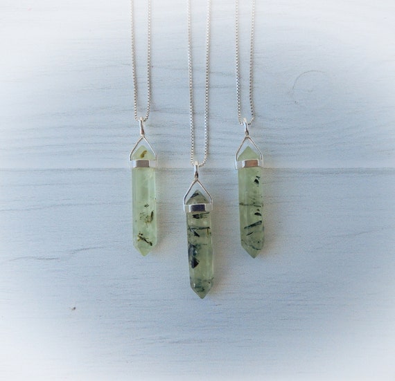 Prehnite Necklace Sterling Silver, Genuine Prehnite With Epidote, Light Green Point Pendant