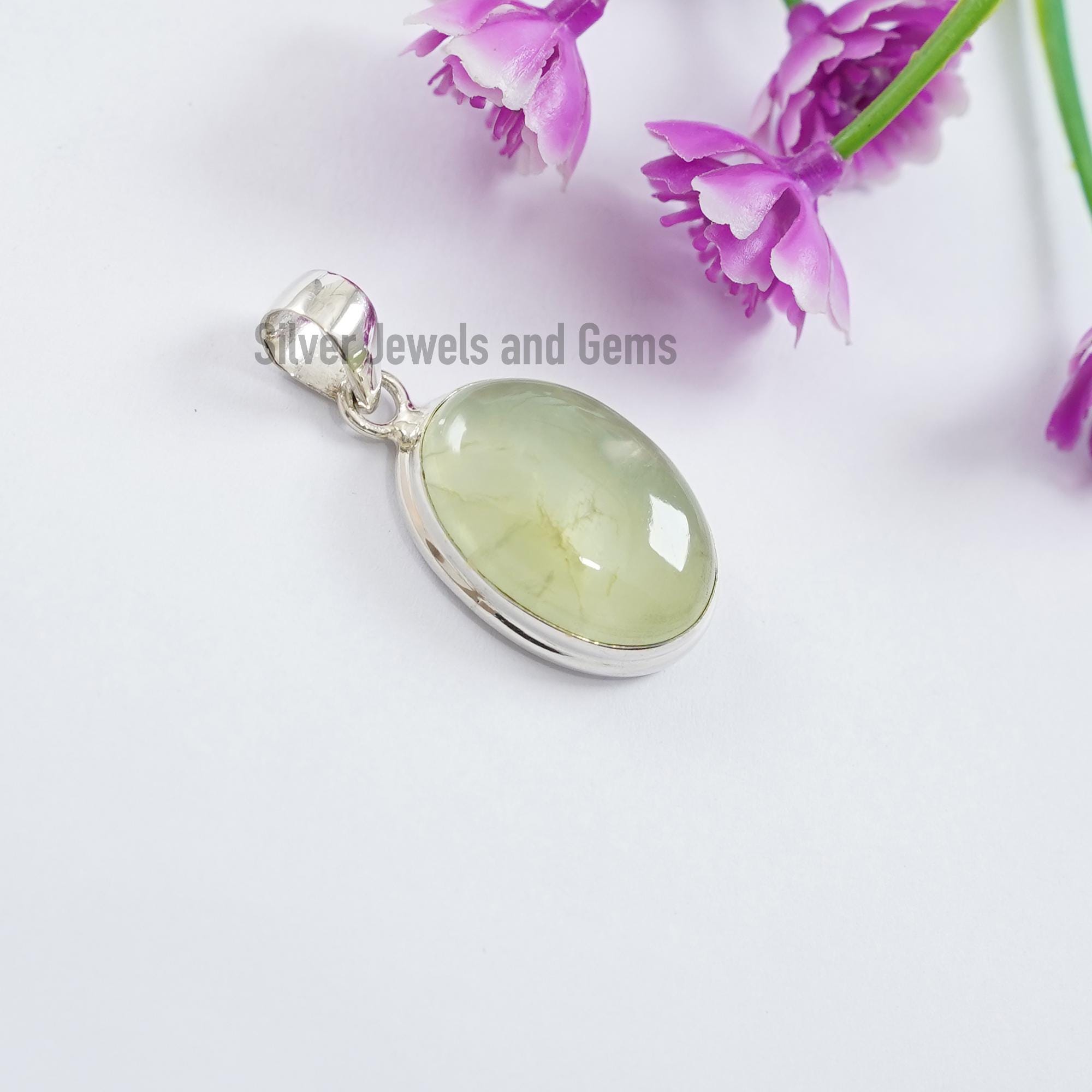 Oval Prehnite 925 Sterling Silver Pendant, Libra Birthstone
