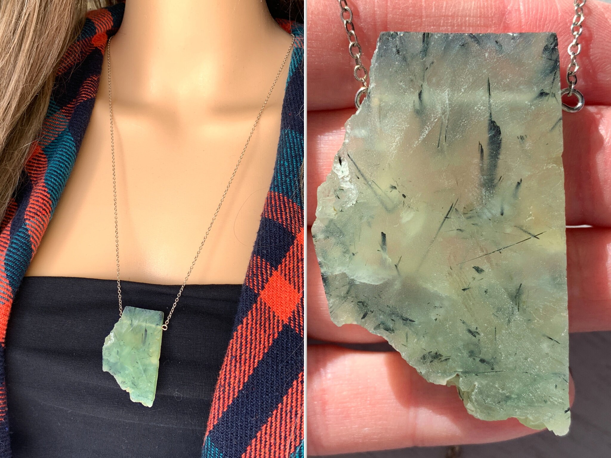 Raw Prehnite Necklace 14k Gold Or Silver, Rough Prehnite Pendant Necklace, Healing Crystal Jewelry, Natural Green Prehnite Stone Exact Stone