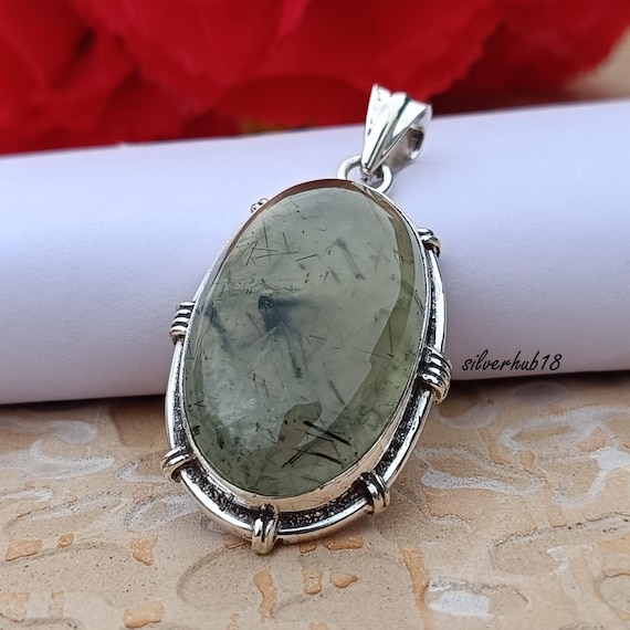 Prehnite Silver Pendant-beautiful Pendant-925 Sterling Silver Pendant-handmade Pendant-oval Pendant-free Shipping Jewelry-prehnite Necklace