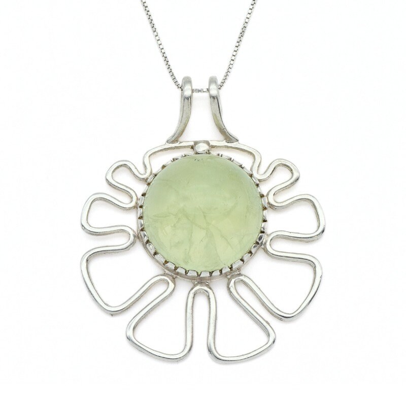 Prehnite Pendant, Statement Flower Necklace, Natural Prehnite Pendant, Round Prehnite Necklace, For Her, Silver Necklace, Adina Stone