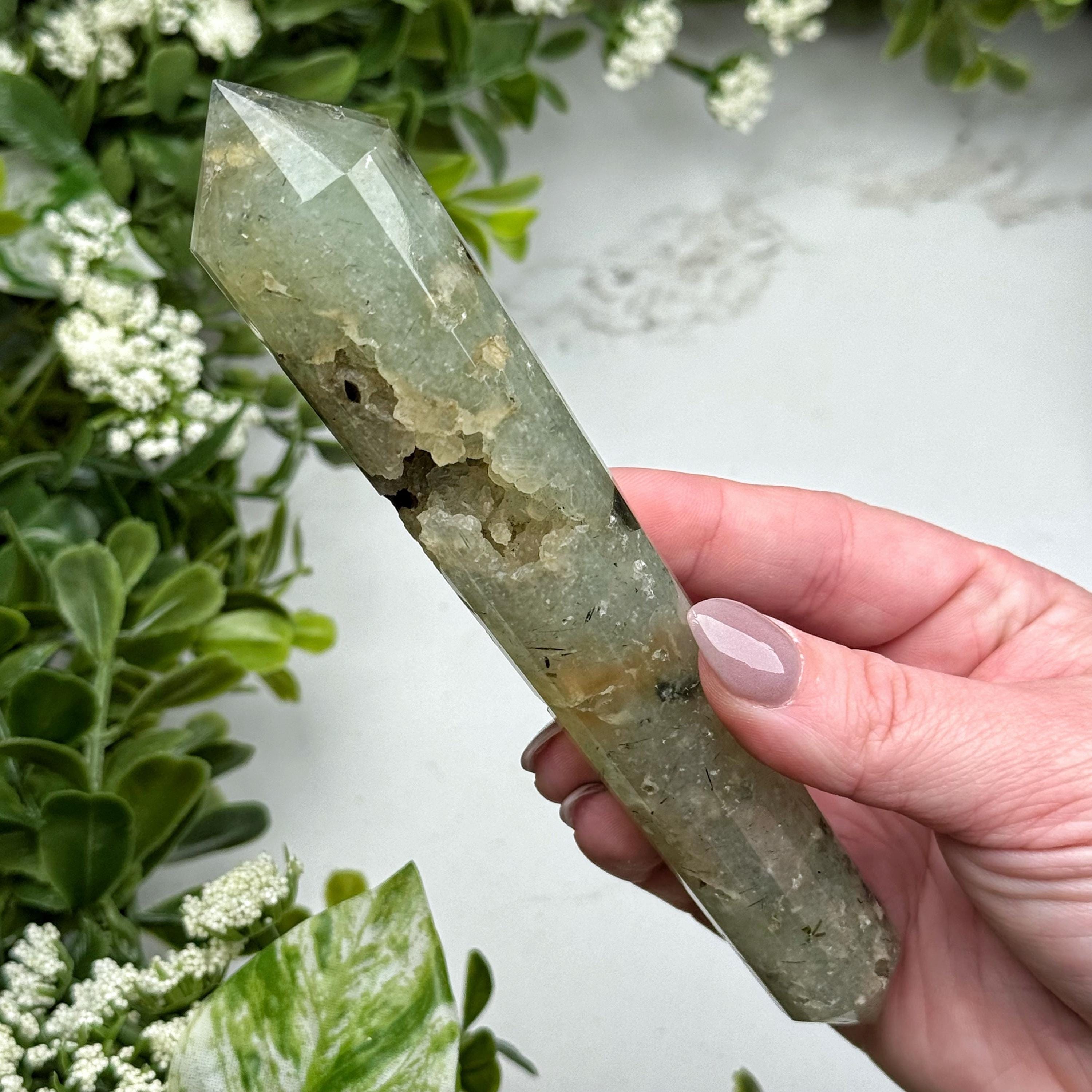Prehnite With Epidote Double Terminated Point | 165g | - #3 (polished Green Crystal Tower, Healing Stone)