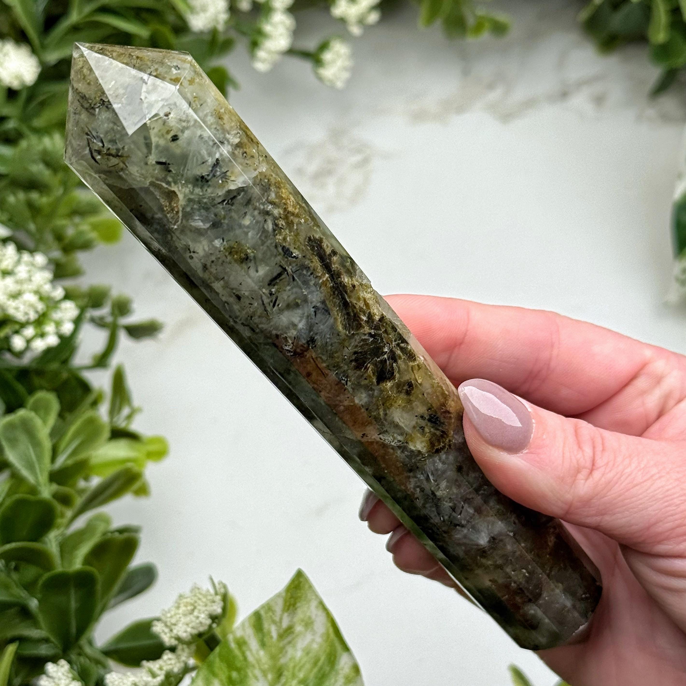 Prehnite With Epidote Double Terminated Point | 207g | - #2 (polished Green Crystal Tower, Healing Stone)
