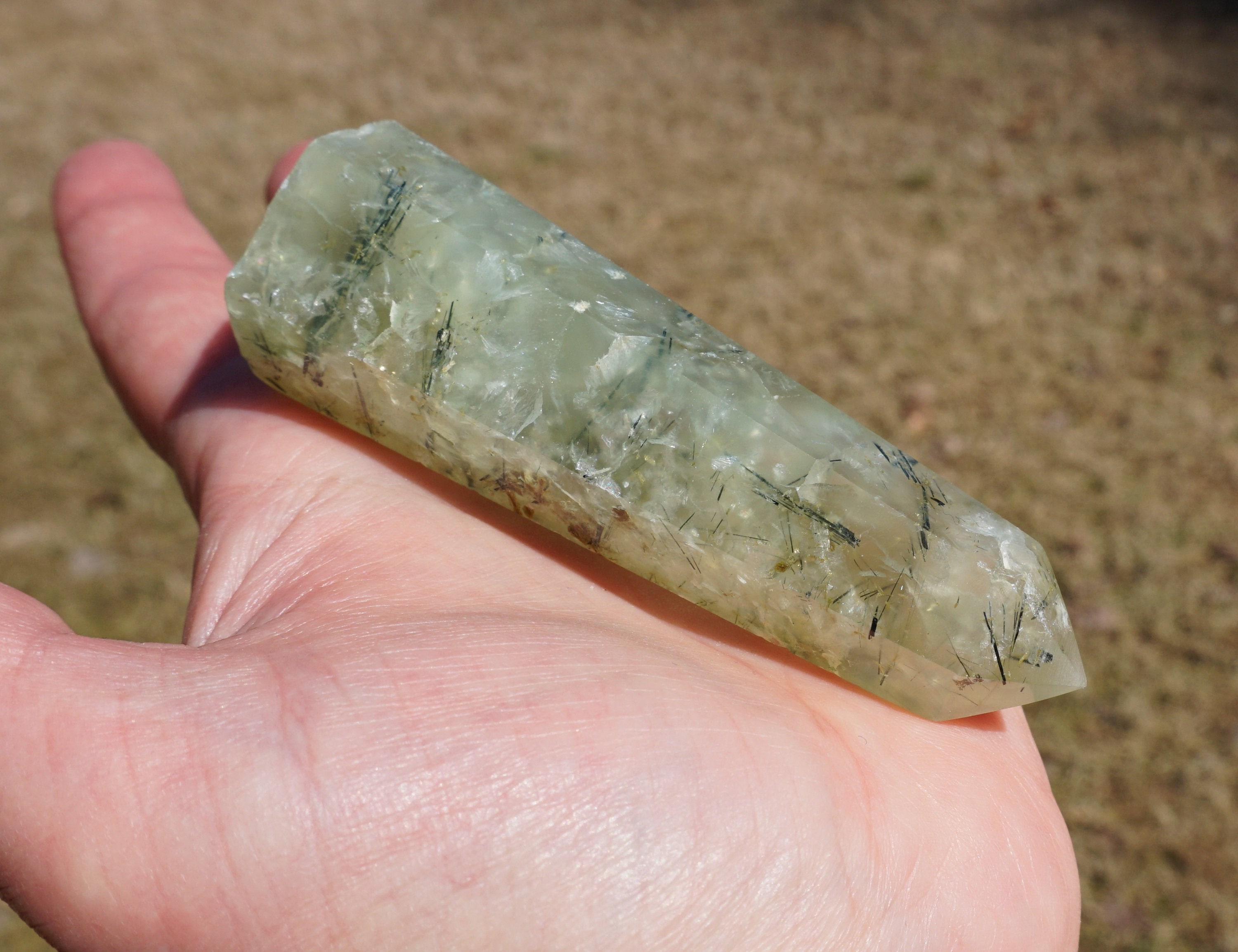Prehnite With Epidote Inclusions Crystal Wand ~ 3.5" X 1.15" X 1" Inch ~ 3 Oz.