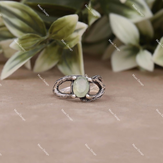 Prehnite Gemstone Ring, 925 Sterling Silver Handmade Statement Branch Jewelry, Gift For Her.