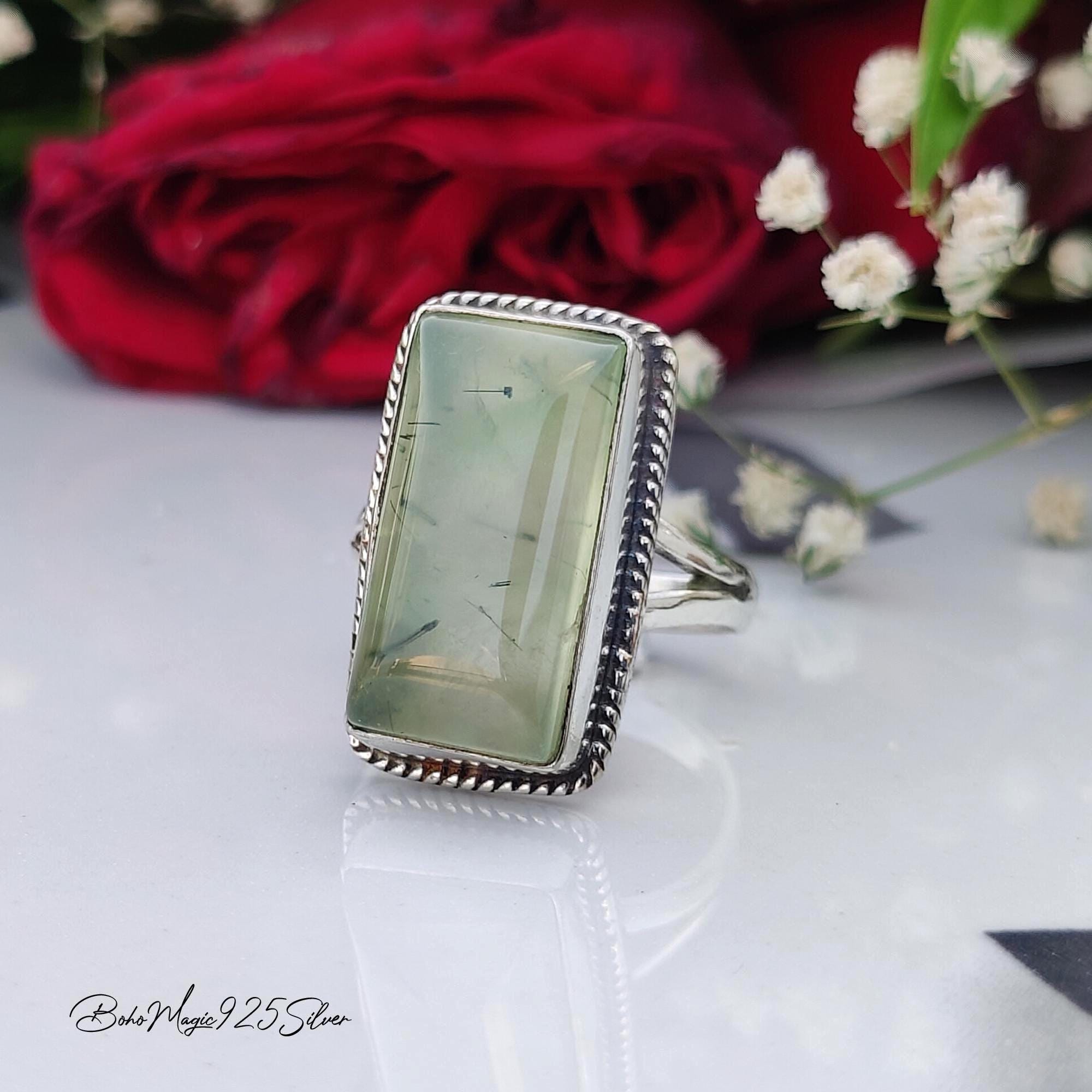 Genuine Prehnite Ring - 925 Sterling Silver Women Jewelry - Rectangular Gemstone Handmade Statement Piece Genuine Prehnite Ring - 925 Sterling Silver Women Jewelry - Rectangular Gemstone Handmade Statement Piece
