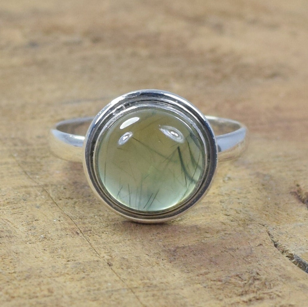 Green Prehnite Ring, 925 Sterling Silver, Round Gemstone Green Prehnite Ring, 925 Sterling Silver, Round Gemstone