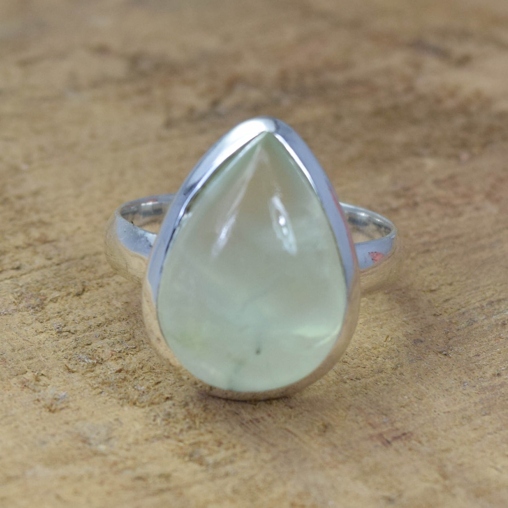 Green Prehnite 925 Sterling Silver Ring, Pear Gemstone Jewelry